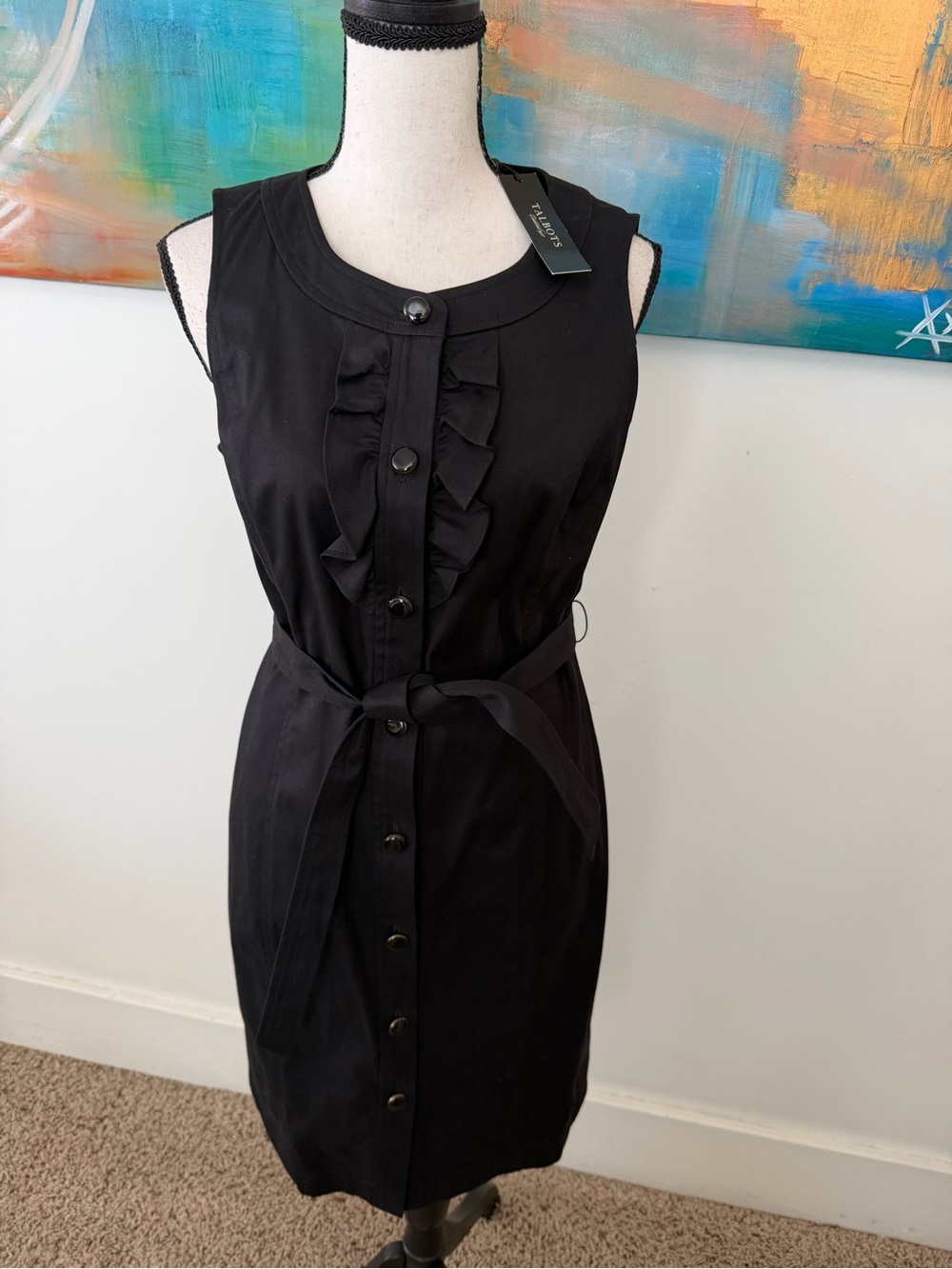 Talbots Black Stretch NWT Cotton Sleeveless Button Up Tuxedo Ruffle Midi Dress 4